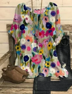 Women's Blouse Floral Casual Half Sleeve Crew Neck Regular Tops Work Daily Print Pink Spring Fall Winter