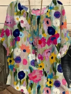 Women's Blouse Floral Casual Half Sleeve Crew Neck Regular Tops Work Daily Print Pink Spring Fall Winter