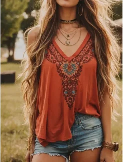Women's Blouse Floral Graphic Paisley Bohemia Vintage Tropical Sleeveless Strap Regular Tops Daily Holiday Beach Wear Print Orange Summer Spring