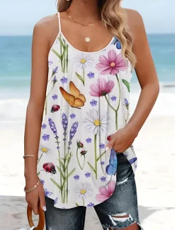 Women's Blouse Floral Graphic Bohemia Vintage Tropical Sleeveless Strap Regular Tops Daily Print Backless White Pink Purple Summer Spring