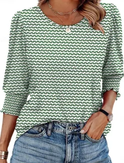 Women's Blouse Graphic Geometric Abstract Tropical Stylish Casual Long Sleeve Crew Neck Regular Tops Daily Print Black White Yellow Orange Green Summer Spring Fall