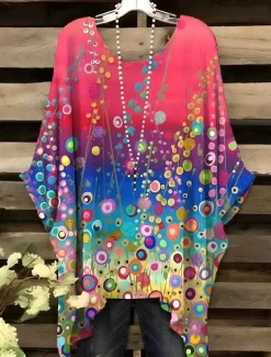 Women's Blouse Graphic Geometric Elegant Vintage Daily Short Sleeve Batwing Sleeve Crew Neck Regular Tops Daily Holiday Vacation Wear Yellow Pink Red Blue Summer Spring