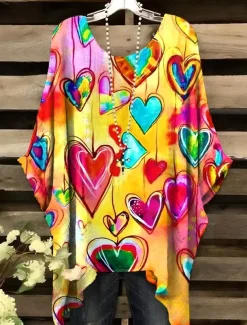 Women's Blouse Graphic Geometric Elegant Vintage Daily Short Sleeve Batwing Sleeve Crew Neck Regular Tops Daily Holiday Vacation Wear Yellow Pink Red Blue Summer Spring