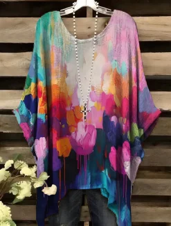 Women's Blouse Graphic Geometric Elegant Vintage Daily Short Sleeve Batwing Sleeve Crew Neck Regular Tops Daily Holiday Vacation Wear Yellow Pink Red Blue Summer Spring