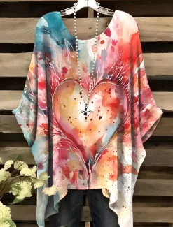 Women's Blouse Graphic Geometric Elegant Vintage Daily Short Sleeve Batwing Sleeve Crew Neck Regular Tops Daily Holiday Vacation Wear Yellow Pink Red Blue Summer Spring