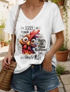 Women's Blouse Graphic Rooster Letter Vintage Stylish Classic Short Sleeve V Neck Regular Tops Daily Going out Beach Wear Print Black White Summer Spring