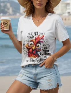 Women's Blouse Graphic Rooster Letter Vintage Stylish Classic Short Sleeve V Neck Regular Tops Daily Going out Beach Wear Print Black White Summer Spring