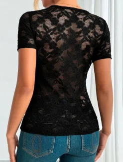 Women's Blouse Lace Tops Solid Color Stylish Casual Short Sleeve V Neck Regular Tops Daily Lace Patchwork Black White Green Summer Spring