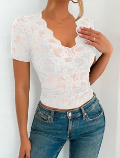 Women's Blouse Lace Tops Solid Color Stylish Casual Short Sleeve V Neck Regular Tops Daily Lace Patchwork Black White Green Summer Spring