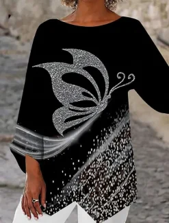 Women's Blouse Long Sleeve Asymmetrical Hem Chiffon Basic Butterfly Print Regular Tops Round Neck Casual White Gray Spring Fall
