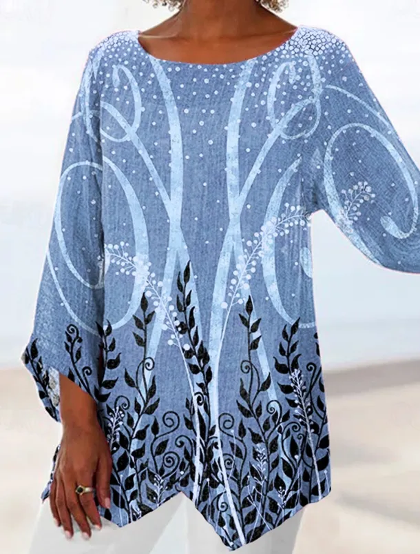 Women's Blouse Long Sleeve Asymmetrical Hem Chiffon Daily Basic Leaf Print Long Tops Round Neck Casual Holiday Blue Green Gray Fall & Winter