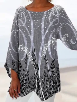 Women's Blouse Long Sleeve Asymmetrical Hem Chiffon Daily Basic Leaf Print Long Tops Round Neck Casual Holiday Blue Green Gray Fall & Winter