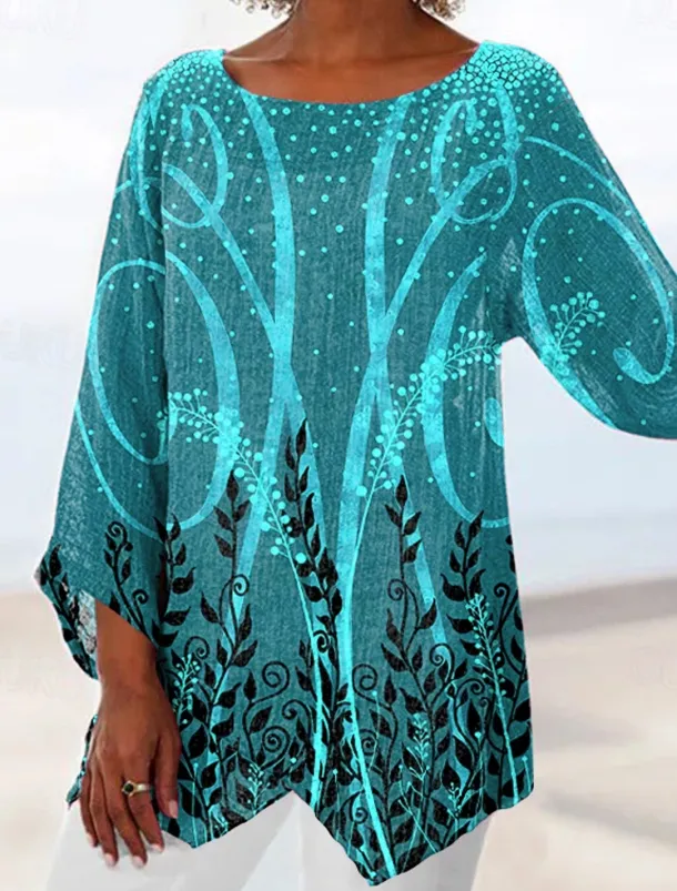 Women's Blouse Long Sleeve Asymmetrical Hem Chiffon Daily Basic Leaf Print Long Tops Round Neck Casual Holiday Blue Green Gray Fall & Winter