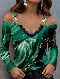 Women's Blouse Long Sleeve V Neck Fashion Abstract Print Cold Shoulder Regular Tops Casual Red Blue Green Spring & Fall