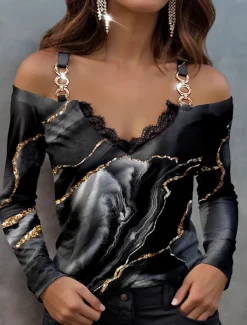 Women's Blouse Long Sleeve V Neck Fashion Abstract Print Cold Shoulder Regular Tops Casual Red Blue Green Spring & Fall