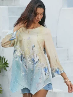 Women's Blouse Long Sleeve Asymmetrical Hem Chiffon Basic Abstract Print Long Tops Round Neck Casual Holiday Yellow Light Green Spring Fall