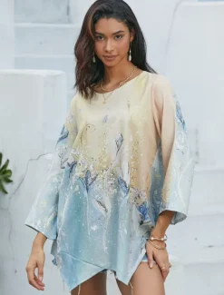 Women's Blouse Long Sleeve Asymmetrical Hem Chiffon Basic Abstract Print Long Tops Round Neck Casual Holiday Yellow Light Green Spring Fall