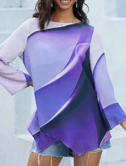 Women's Blouse Long Sleeve Asymmetrical Hem Tunic Top Chiffon Stylish Neon & Bright Ombre Print Asymmetric Hem Long Tops Round Neck Casual Daily Pink Purple Orange Green Gray Spring Fall