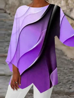 Women's Blouse Long Sleeve Asymmetrical Hem Tunic Top Chiffon Stylish Neon & Bright Ombre Print Asymmetric Hem Long Tops Round Neck Casual Daily Pink Purple Orange Green Gray Spring Fall