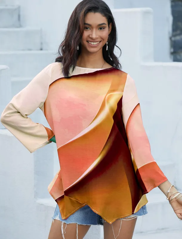 Women's Blouse Long Sleeve Asymmetrical Hem Tunic Top Chiffon Stylish Neon & Bright Ombre Print Asymmetric Hem Long Tops Round Neck Casual Daily Pink Purple Orange Green Gray Spring Fall