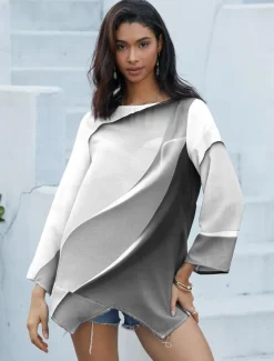 Women's Blouse Long Sleeve Asymmetrical Hem Tunic Top Chiffon Stylish Neon & Bright Ombre Print Asymmetric Hem Long Tops Round Neck Casual Daily Pink Purple Orange Green Gray Spring Fall