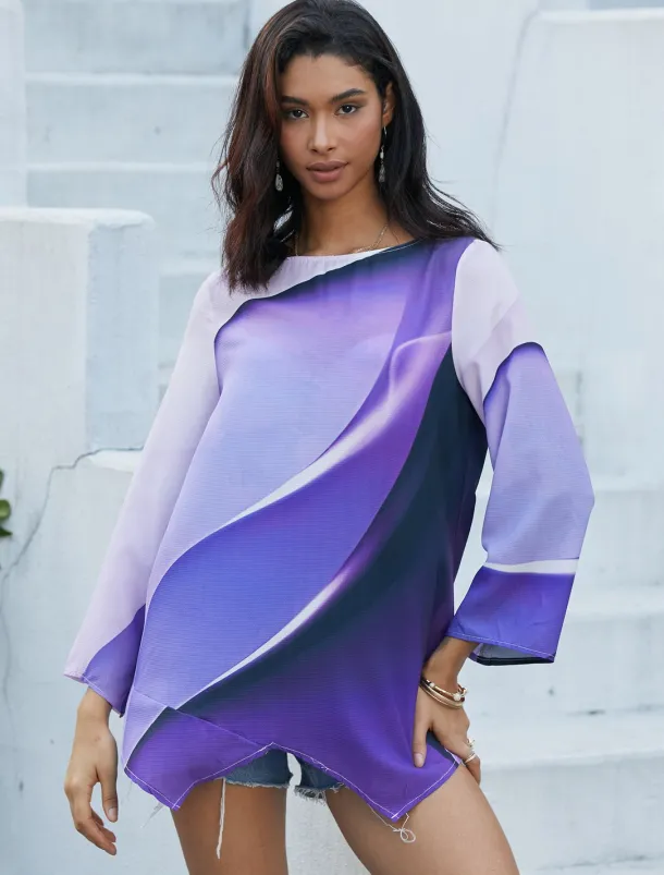 Women's Blouse Long Sleeve Asymmetrical Hem Tunic Top Chiffon Stylish Neon & Bright Ombre Print Asymmetric Hem Long Tops Round Neck Casual Daily Pink Purple Orange Green Gray Spring Fall