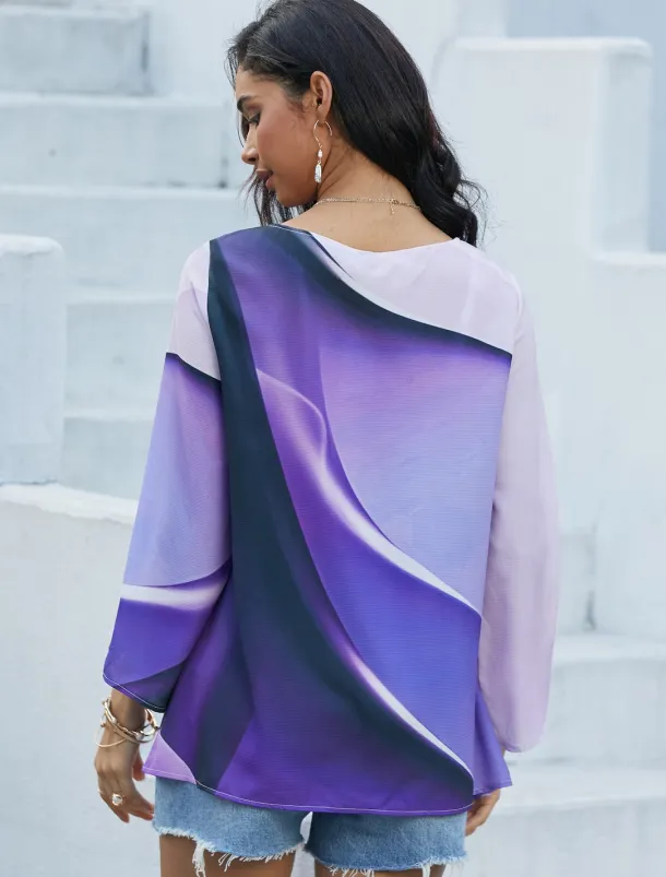 Women's Blouse Long Sleeve Asymmetrical Hem Tunic Top Chiffon Stylish Neon & Bright Ombre Print Asymmetric Hem Long Tops Round Neck Casual Daily Pink Purple Orange Green Gray Spring Fall