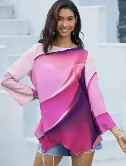 Women's Blouse Long Sleeve Asymmetrical Hem Tunic Top Chiffon Stylish Neon & Bright Ombre Print Asymmetric Hem Long Tops Round Neck Casual Daily Pink Purple Orange Green Gray Spring Fall