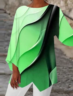 Women's Blouse Long Sleeve Asymmetrical Hem Tunic Top Chiffon Stylish Neon & Bright Ombre Print Asymmetric Hem Long Tops Round Neck Casual Daily Pink Purple Orange Green Gray Spring Fall