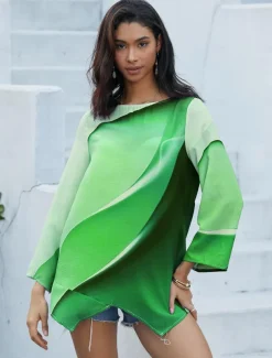 Women's Blouse Long Sleeve Asymmetrical Hem Tunic Top Chiffon Stylish Neon & Bright Ombre Print Asymmetric Hem Long Tops Round Neck Casual Daily Pink Purple Orange Green Gray Spring Fall