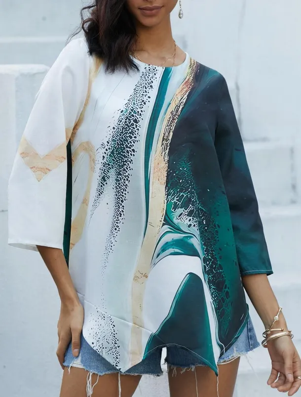 Women's Blouse Long Sleeve Asymmetrical Hem Chiffon Basic Floral Print Regular Tops Round Neck Casual Daily Green Spring Fall