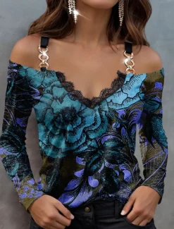 Women's Blouse Long Sleeve V Neck Fashion Floral Print Cold Shoulder Regular Tops Off Shoulder Casual Holiday Red Blue Purple Spring & Fall