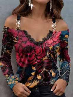 Women's Blouse Long Sleeve V Neck Fashion Floral Print Cold Shoulder Regular Tops Off Shoulder Casual Holiday Red Blue Purple Spring & Fall
