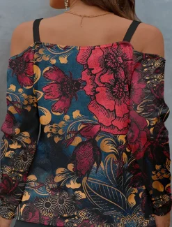 Women's Blouse Long Sleeve V Neck Fashion Floral Print Cold Shoulder Regular Tops Off Shoulder Casual Holiday Red Blue Purple Spring & Fall