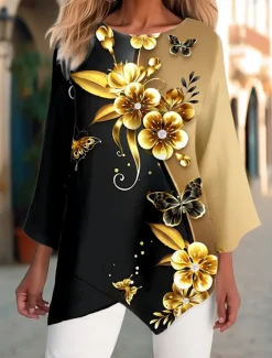 Women's Blouse Long Sleeve Asymmetrical Hem Chiffon Floral Print Long Tops Round Neck Casual Holiday Yellow Blue Green Spring & Fall