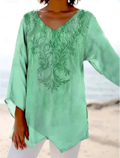 Women's Blouse Long Sleeve Asymmetrical Hem Floral Graphic Stylish Ethnic Beach Short Sleeve V Neck Regular Tops Daily Holiday Print Pink Blue Purple Green Summer Spring