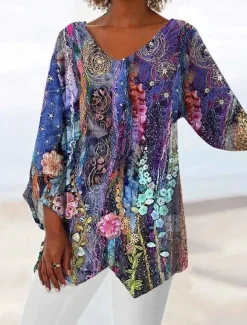 Women's Blouse Long Sleeve Asymmetrical Hem Floral Graphic Hawaiian Stylish Casual V Neck Regular Tops Daily Holiday Going out Print Blue Purple Summer Spring