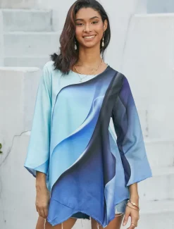 Women's Blouse Long Sleeve Asymmetrical Hem Chiffon Daily Basic Neon & Bright Abstract Print Long Tops Round Neck Casual Blue Fall & Winter