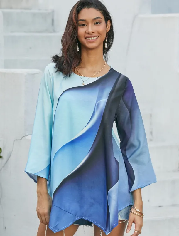 Women's Blouse Long Sleeve Asymmetrical Hem Chiffon Daily Basic Neon & Bright Abstract Print Long Tops Round Neck Casual Blue Fall & Winter