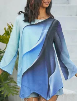 Women's Blouse Long Sleeve Asymmetrical Hem Chiffon Daily Basic Neon & Bright Abstract Print Long Tops Round Neck Casual Blue Fall & Winter