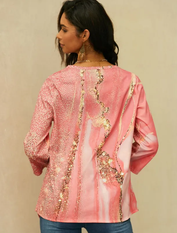 Women's Blouse Long Sleeve Asymmetrical Hem Chiffon Daily Basic Neon & Bright Abstract Print Long Tops Round Neck Casual Light Green Pink Blue Green Beige Fall & Winter