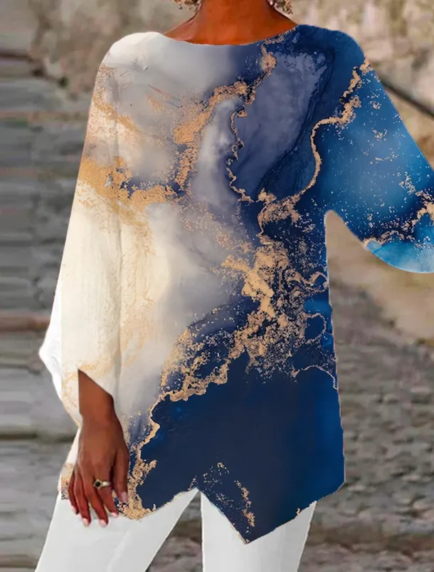 Women's Blouse Long Sleeve Asymmetrical Hem Chiffon Daily Basic Neon & Bright Abstract Print Long Tops Round Neck Casual Light Green Pink Blue Green Beige Fall & Winter