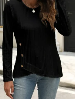 Women's Blouse Solid Color Stylish Casual Long Sleeve Crew Neck Regular Tops Daily Buttons Black White Blue Purple Orange Summer Spring Fall