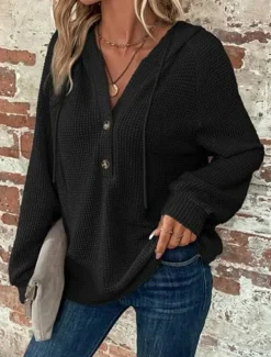 Women's Blouse Solid Color Stylish Casual Long Sleeve Hooded Regular Tops Daily Buttons Black Army Green Navy Blue Blue Brown Spring Fall Winter