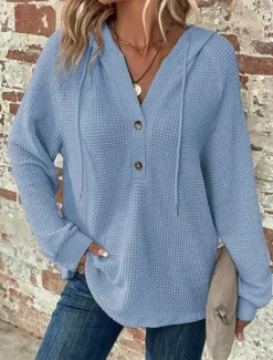 Women's Blouse Solid Color Stylish Casual Long Sleeve Hooded Regular Tops Daily Buttons Black Army Green Navy Blue Blue Brown Spring Fall Winter