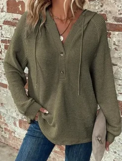Women's Blouse Solid Color Stylish Casual Long Sleeve Hooded Regular Tops Daily Buttons Black Army Green Navy Blue Blue Brown Spring Fall Winter