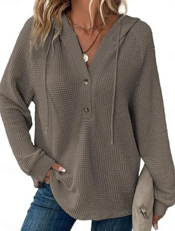 Women's Blouse Solid Color Stylish Casual Long Sleeve Hooded Regular Tops Daily Buttons Black Army Green Navy Blue Blue Brown Spring Fall Winter