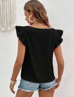 Women's Blouse Solid Color Daily Ladies Stylish Short Sleeve Square Neck Regular Tops Daily Holiday Going out Ruffle Patchwork Black White Pink Red Blue Summer Spring