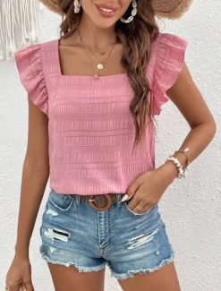 Women's Blouse Solid Color Daily Ladies Stylish Short Sleeve Square Neck Regular Tops Daily Holiday Going out Ruffle Patchwork Black White Pink Red Blue Summer Spring