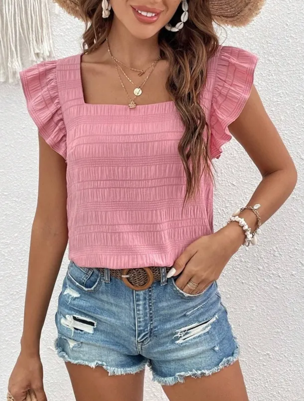 Women's Blouse Solid Color Daily Ladies Stylish Short Sleeve Square Neck Regular Tops Daily Holiday Going out Ruffle Patchwork Black White Pink Red Blue Summer Spring